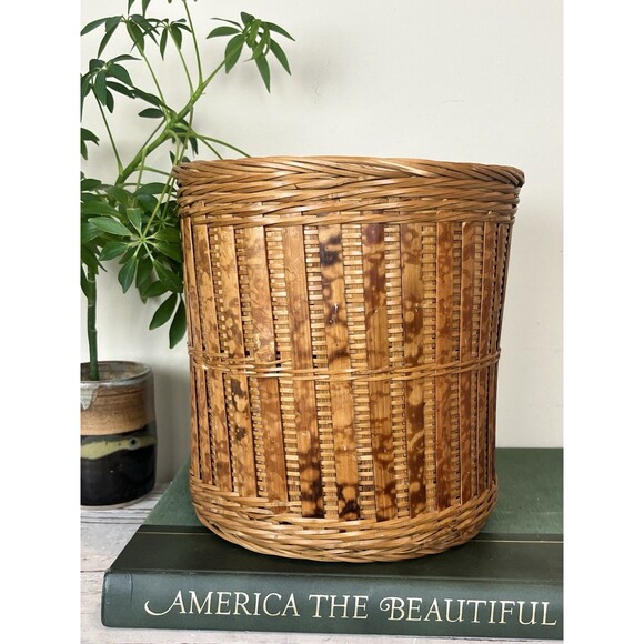 Vintage Burnt Bamboo Wicker Waste Basket / Planter 8.25” x 8” Boho Chic - Picture 9 of 10